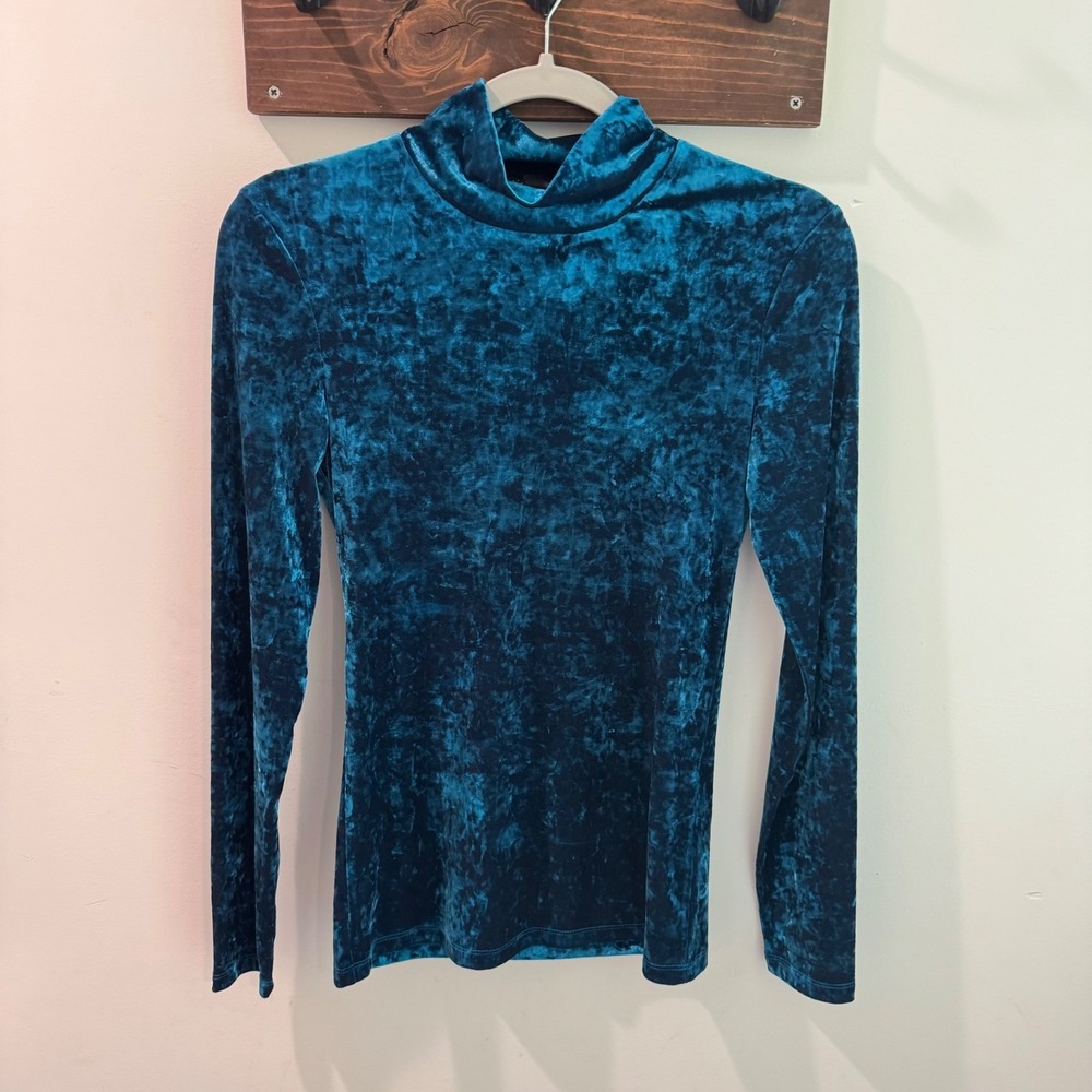 Maje Tandy Blue Crushed Velvet Turtleneck Long Sleeve Top Size 2